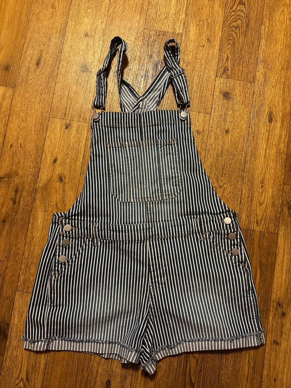 Striped Denim Overalls Romper - Blue & White